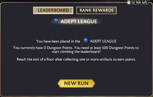 A screenshot of the League pop up as seen in the dangerous dungeons.