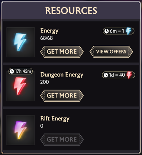 A screenshot of the Resources panel showing all available variations of Energy.