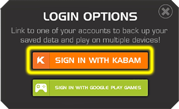 Screenshot of the login options with the SIGN IN WITH KABAM button highlighted