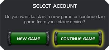 Screenshot of the SELECT ACCOUNT window with the CONTINUE GAME button highlighted