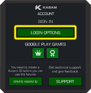 Screenshot of Kabam account login with the login options button highlighted