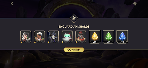 A screenshot of the crystal rewards screen with combined Guardian Shards and Stardust awarded for opening multiple crystals.