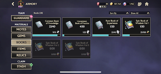 A screenshot of the Books screen of the inventory.