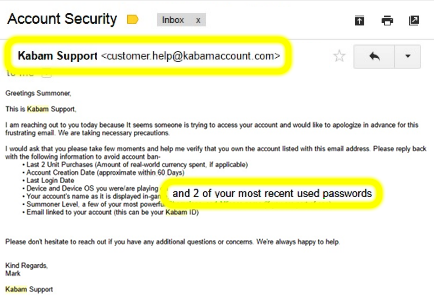 Screenshot of a phishing email attempting to obtain your credentials from an unofficial email domain of kabamaccount.com