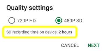 Screenshot of the Google Play video recording Settings screen with the SD recording time on device information highlighted