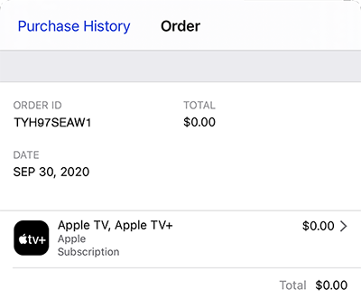 Screenshot of an iTunes Order including order ID, date, and total