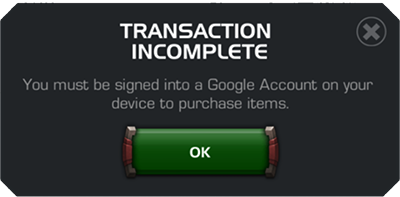 Screenshot of error Transaction Incomplete: You must be signed in