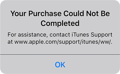Screenshot of error Your Purchase Could Not Be Completed