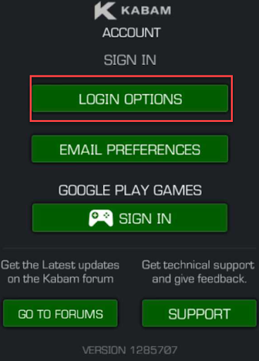 Screenshot of Kabam account login with the login options highlighted
