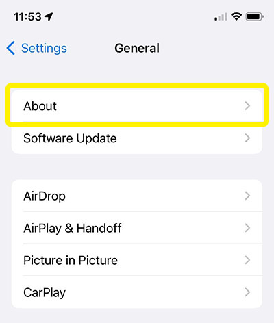 A screenshot of the Settings screen on an IOS device with the About button highlighted.