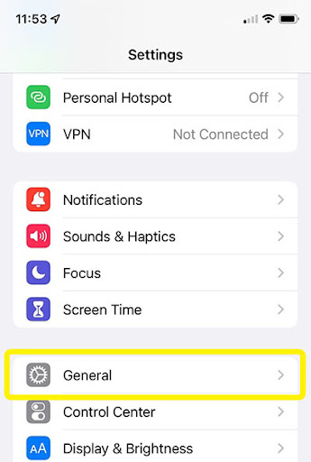 A screenshot of the Settings screen on an IOS device with the General button highlighted.