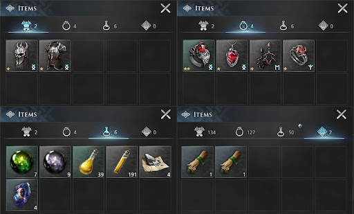 A screenshot showing the four Inventory tabs.