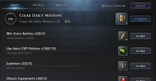 A screenshot of the Daily Missions.