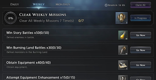 A screenshot of the Weekly Missions.