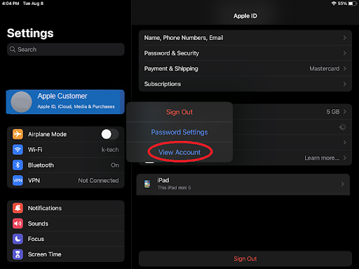 Screenshot of the pop up menu from tapping the Media and Purchases option including the view account button