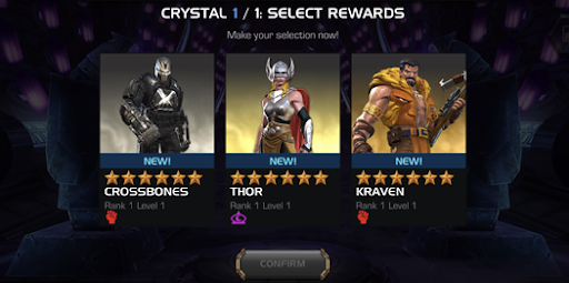 Screenshot of the 5-Star Nexus Hero Crystal selection screen. The game has presented a choice between Crossbones, Thor, and Kraven.