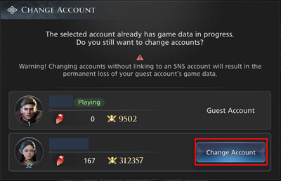 Screenshot of the CHANGE ACCOUNT window with the Change Account button highlighted