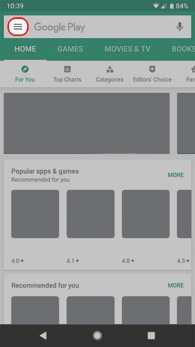 A screenshot of the Google Play menu selection screen