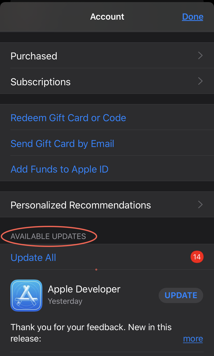 Screenshot of the App Store showing the location of Available Updates