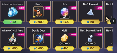 Screenshot of the rewards offered in the ALLIANCE store