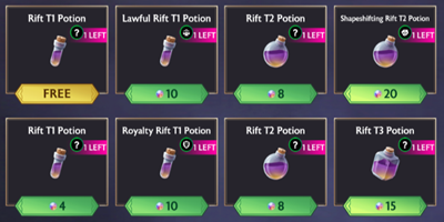 Screenshot of the rewards offered in the RIFT RAIDS store