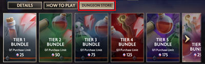 Screenshot of the bundles offered in the Dungeon store with DUNGEON STORE highlighted