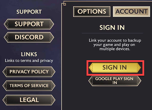 A screenshot of the sign-in account screen from the game