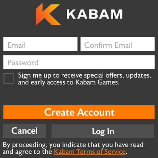A screenshot of the form to create a Kabam account
