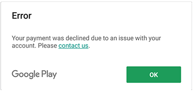 Screenshot of error Payment Declined