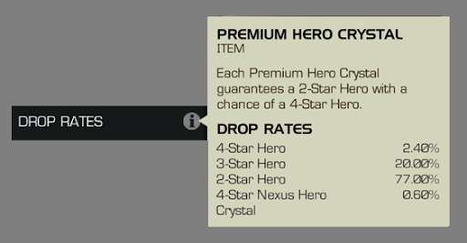 An image showing the drop rates of a Premium Hero Crystal