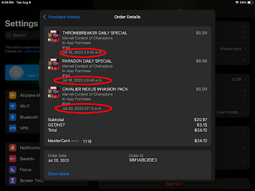 Screenshot of an iTunes Order including purchase date