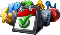 Icon of a calendar page with a checkmark with various game items behind it
