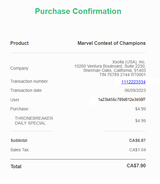 Screenshot of a Purchase Confirmation receipt from the Xsolla Summoner’s Market