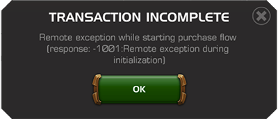Screenshot of error Transaction Incomplete: Remote Exception