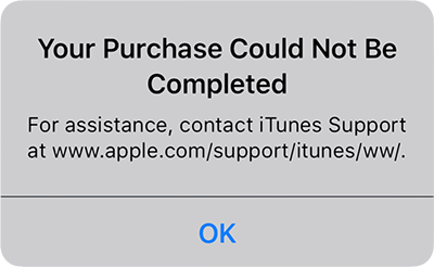 Screenshot of error Your Purchase Could Not Be Completed