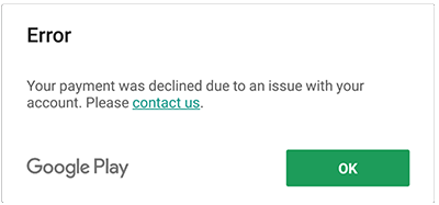 Screenshot of error Payment Declined