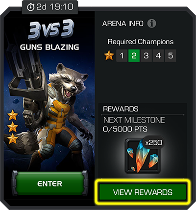 A screenshot of the three versus three arena info display with the view rewards button highlighted.