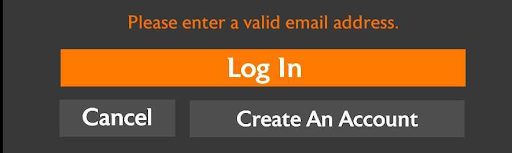 Screenshot of the log in options with the invalid email error message