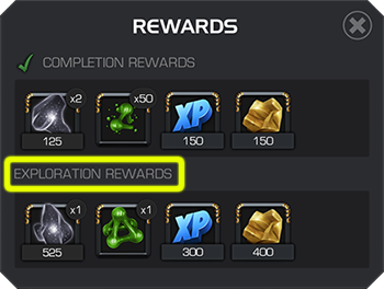 An example of a quest's completion and exploration rewards, with the unfinished exploration rewards highlighted