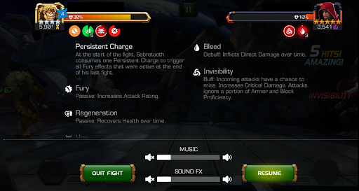 A screenshot showing the display of what the battle screen looks like when it has been paused. The status effects for your champion and your opponent are detailed under their respective health bars.