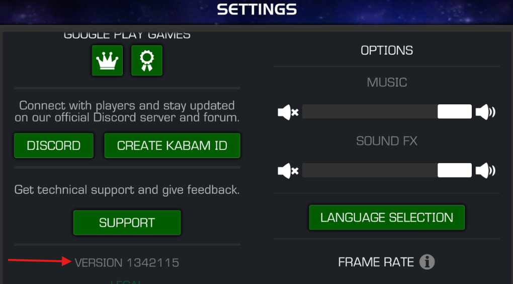 An image of the Settings screen with an arrow pointing to the game version number.