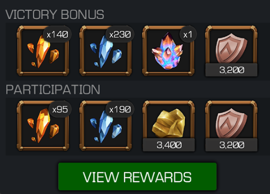 Screenshot of the victory bonus and participation rewards given after a successful alliance wars win.