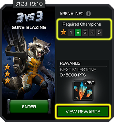 A screenshot of the three versus three arena info display with the view rewards button highlighted.