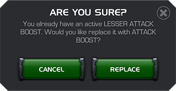 A screenshot of an in-game window pop-up confirming whether or not you want to replace your current boost item effects.