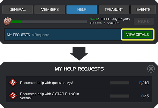 A screenshot of the alliance help window with a highlighted view details button, as well as more specific details about those requests.