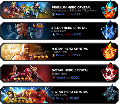 Screenshot showing Premium, 3-Star, 4-Star, 5-Star, and 6-Star Hero Crystals