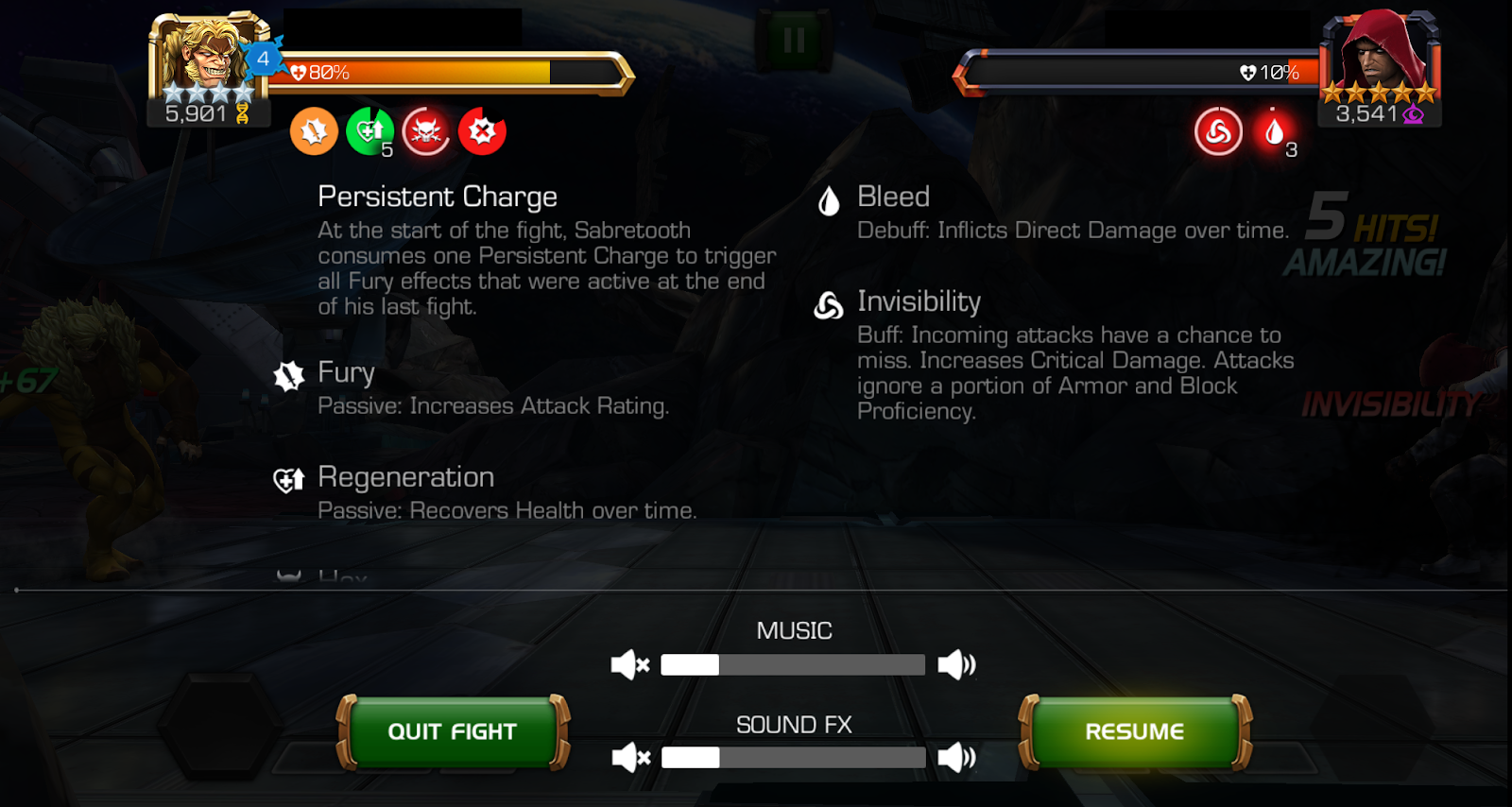 A screenshot showing the display of what the battle screen looks like when it has been paused. The status effects for your champion and your opponent are detailed under their respective health bars.