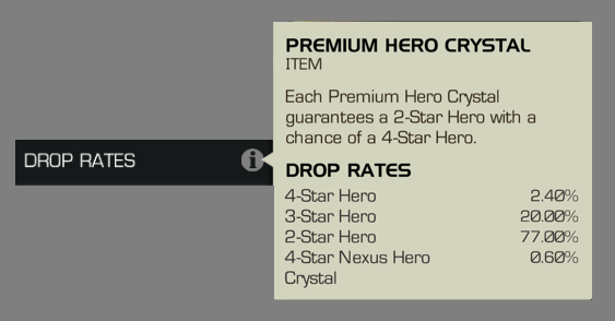 An image showing the drop rates of a Premium Hero Crystal