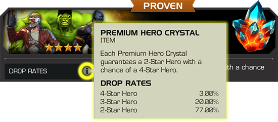 Screenshot of a Premium Hero Crystal store item with the Drop Rates i icon highlighted and the Drop Rates screen overlaid
