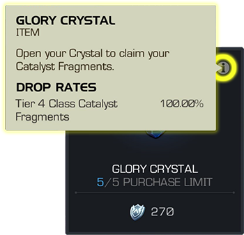 Screenshot of a Glory Crystal store item with the drop rates i icon highlighted and the drop rates screen overlaid